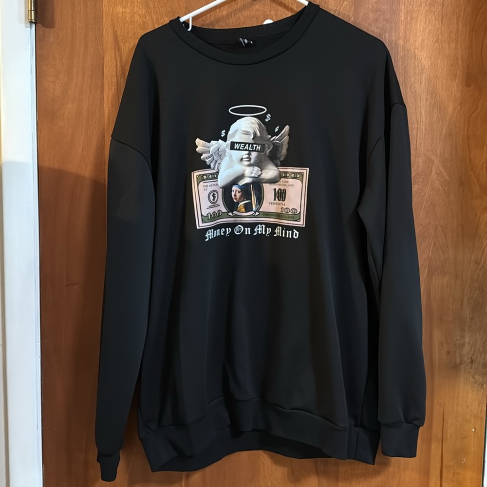 SHEIN Black Graphic Tee with Angel and Dollar Design